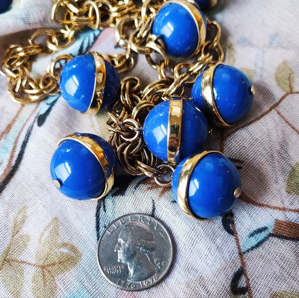 J. Crew Blue Balls Bauble Heavy Gold Tone Gumball Beaded Bands Beads Necklace